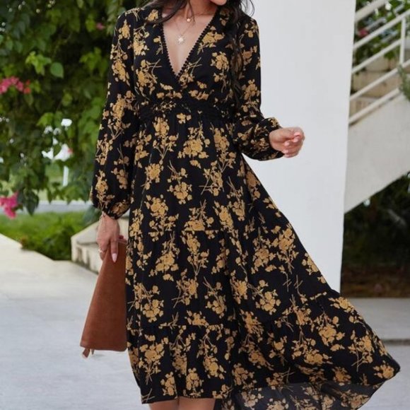 black floral print v neck ruffle long sleeve dress - Picture 1 of 6